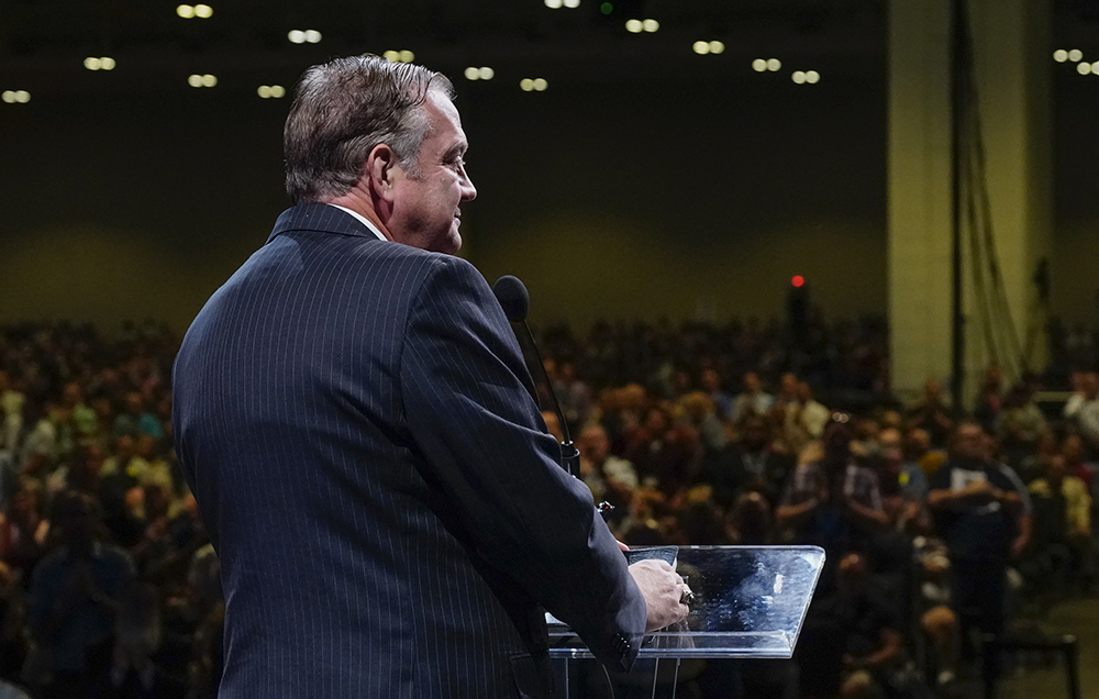 R. Albert Mohler Jr., president of Southern Baptist Theological Seminary, gives a report Wednesday, June 16, 2021, during the morning session of the Southern Baptist Convention annual meeting in Nashville, Tenn. Photo by Abbey Sprinkle/Baptist Press