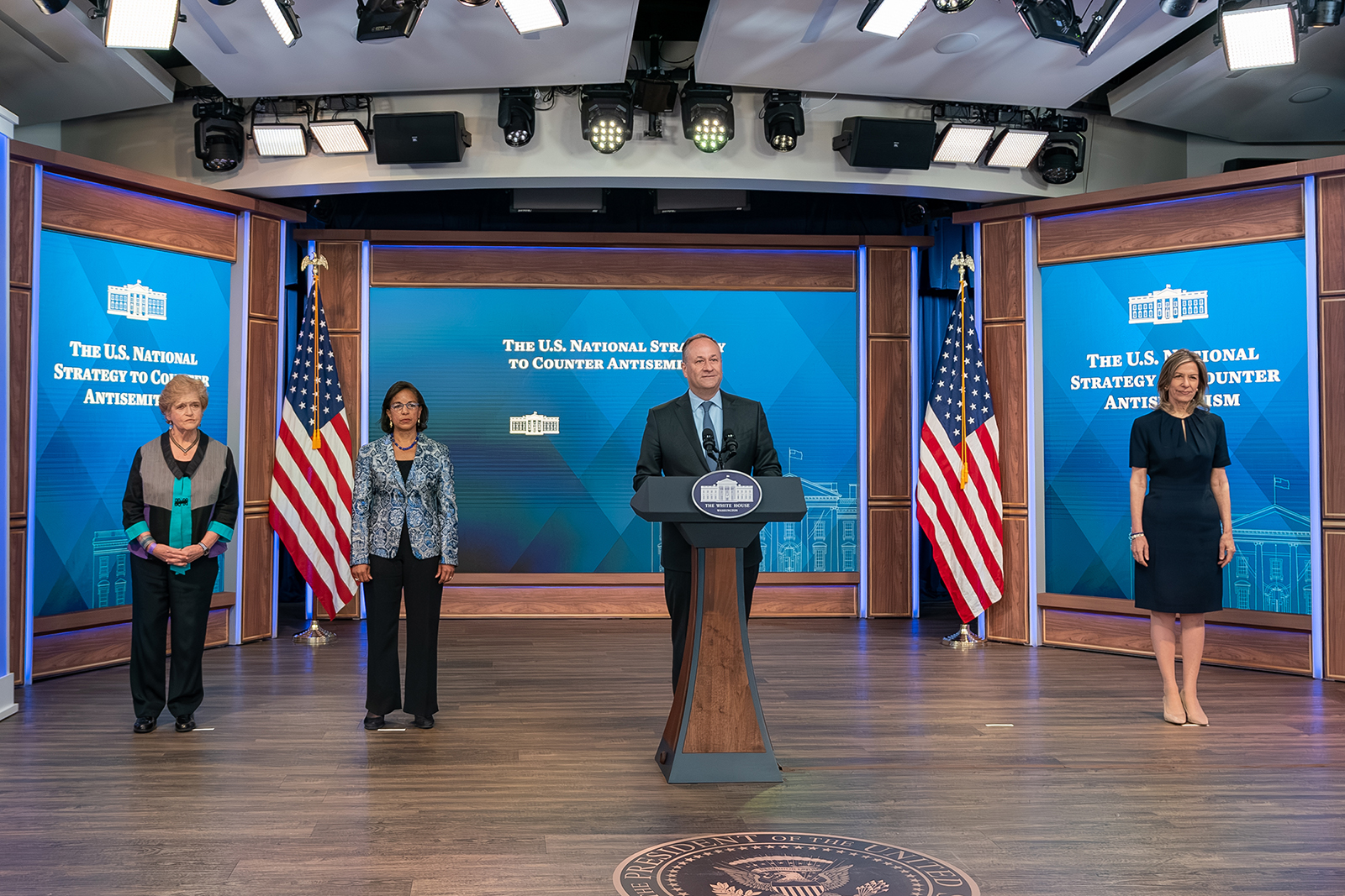 Second Gentleman Douglas Emhoff, at podium, speaks alongside Ambassador Deborah Lipstadt, special envoy to monitor and combat antisemitism; from left, Ambassador Susan Rice, White House domestic policy advisor; and Homeland Security Advisor Dr. Liz Sherwood-Randall during the launch of the U.S. National Strategy to Counter Antisemitism. Courtesy photo